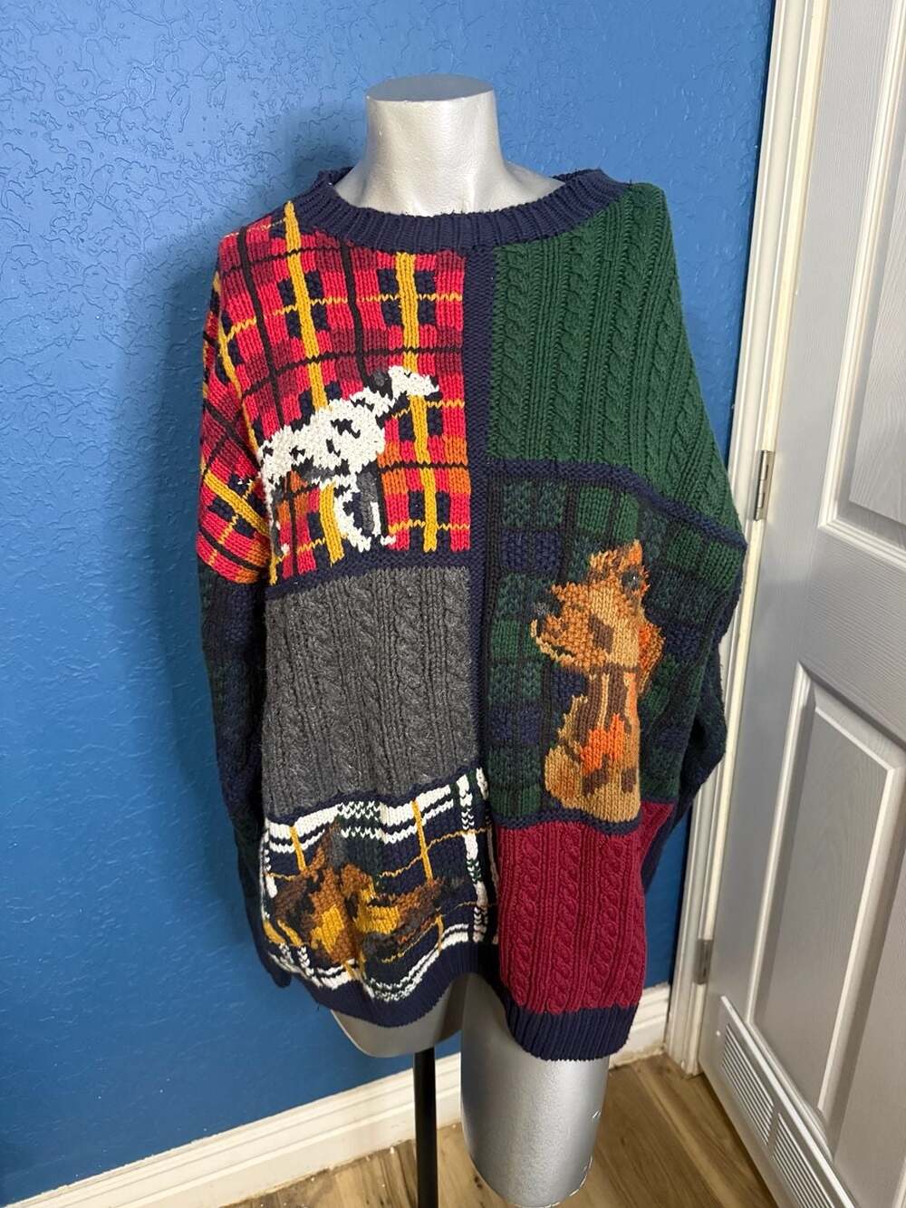 Vintage Ideas By Bob & Chris Dog Sweater L Patchwork Plaid 90s Novelty Knit